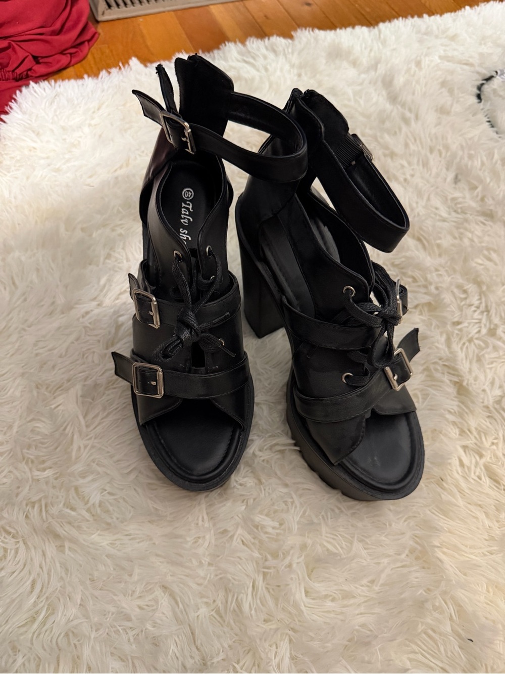 Black Platform Chunky Heel Sandals with Buckle Straps